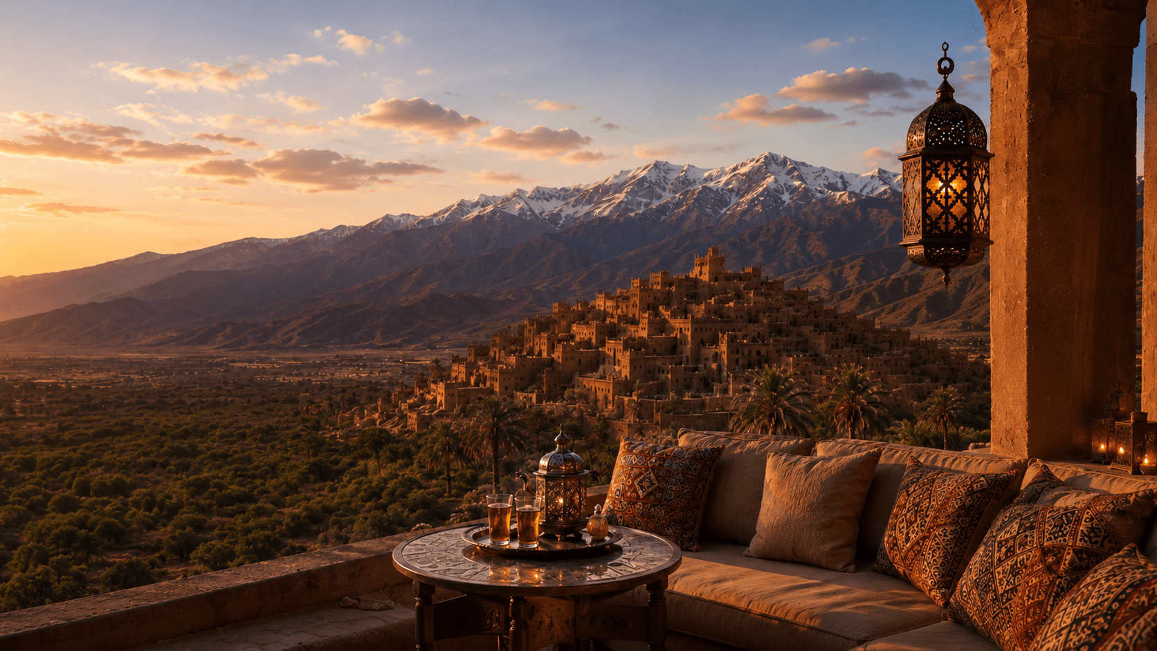 Terrasse marocaine face aux montagnes de l’Atlas au coucher du soleil