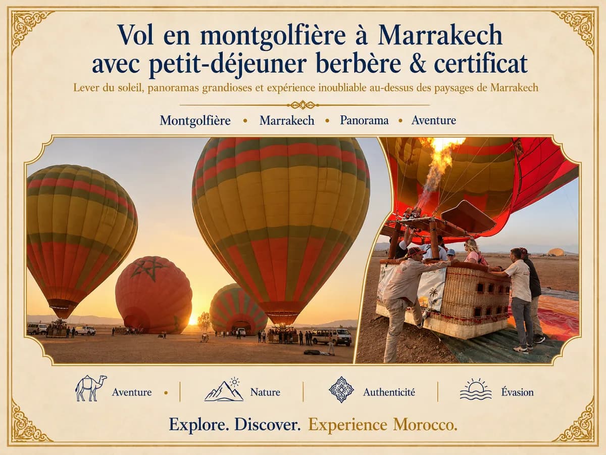 Montgolfière au lever du soleil près de Marrakech et des montagnes de l’Atlas